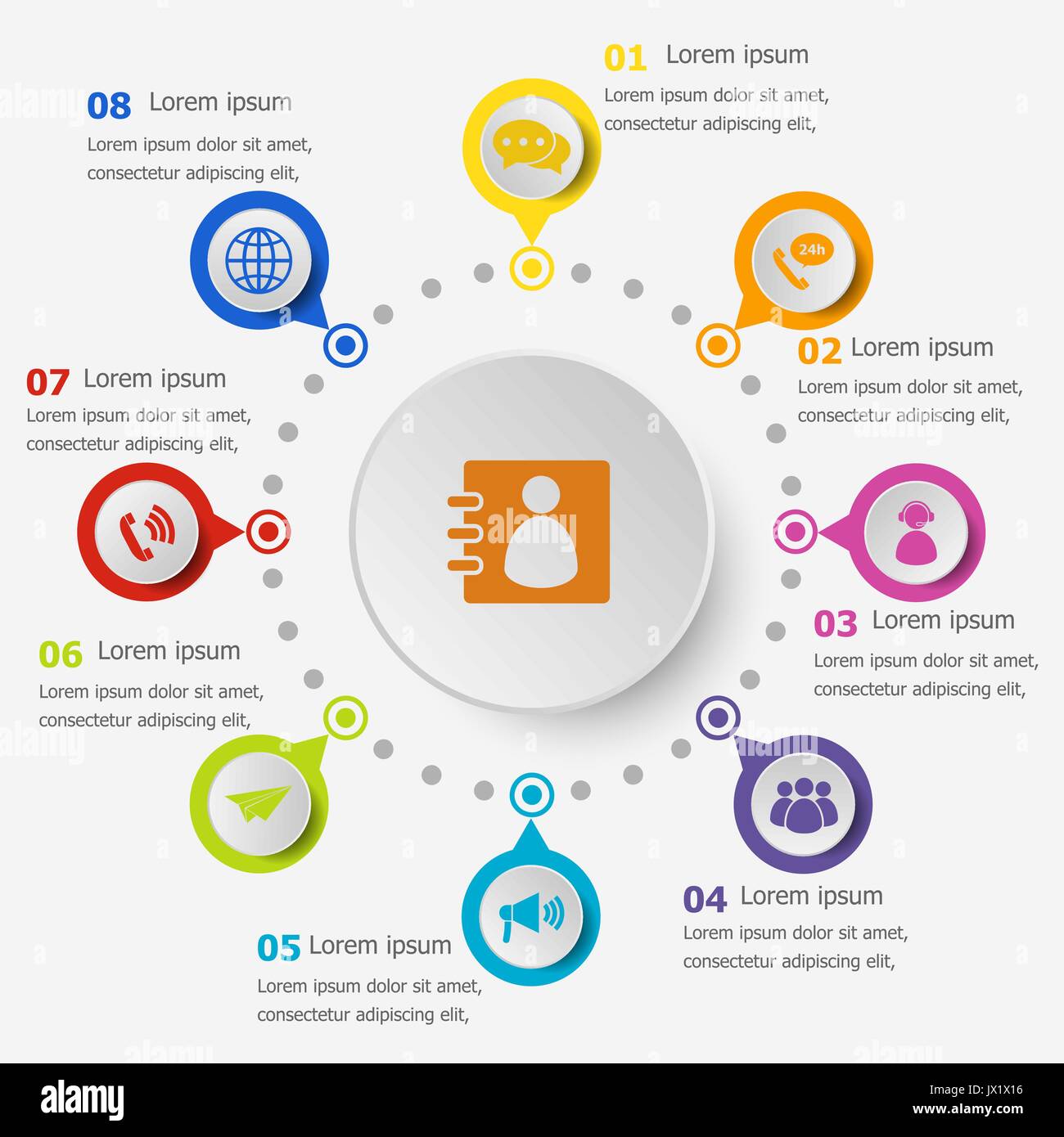 Infografico con modello contattaci icone, vettore di stock Illustrazione Vettoriale