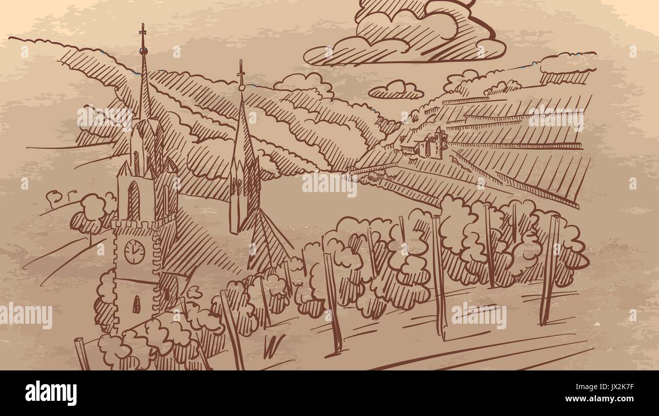 Paesaggio di vigneti in Europa, disegnati a mano illustrazione vettoriale con chiesa, colline e lungo il fiume, marrone seppia stile vintage Illustrazione Vettoriale