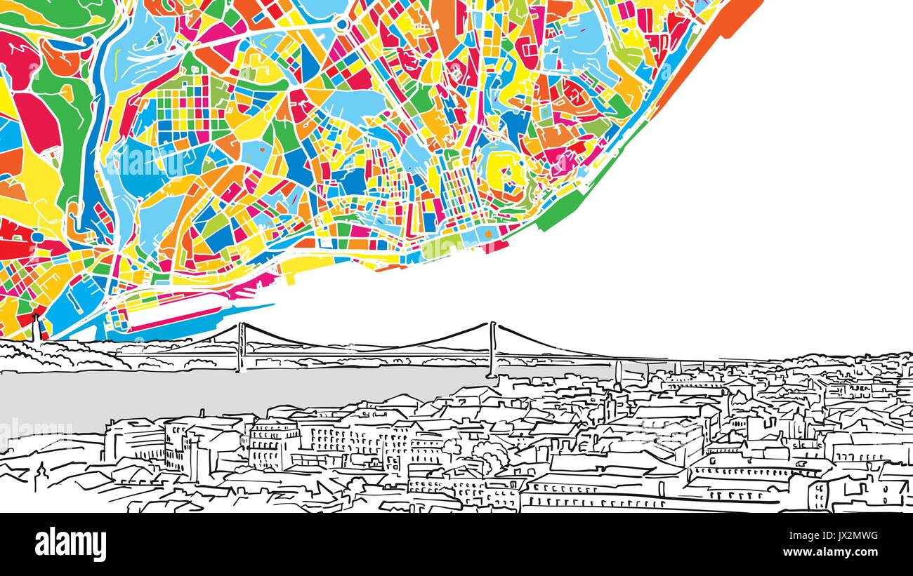 Lo Skyline di Lisbona e colorato urbano moderno city map, bella handdrawn disegno vettoriale Illustrazione Vettoriale