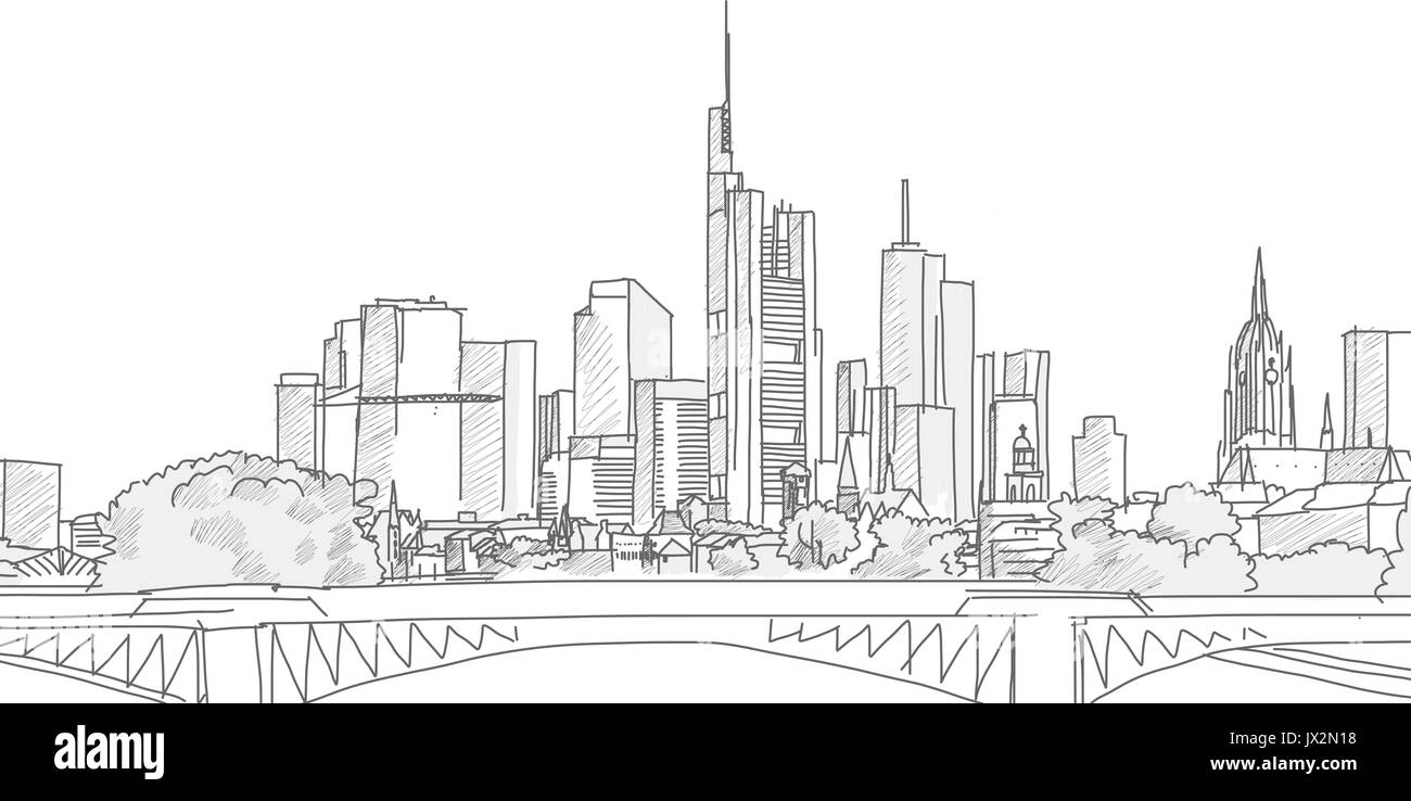 Disegnato a mano sullo skyline di Francoforte Panorama Sketch. Illustrazione Vettoriale. Pennellate di colore grigio su sfondo bianco Illustrazione Vettoriale