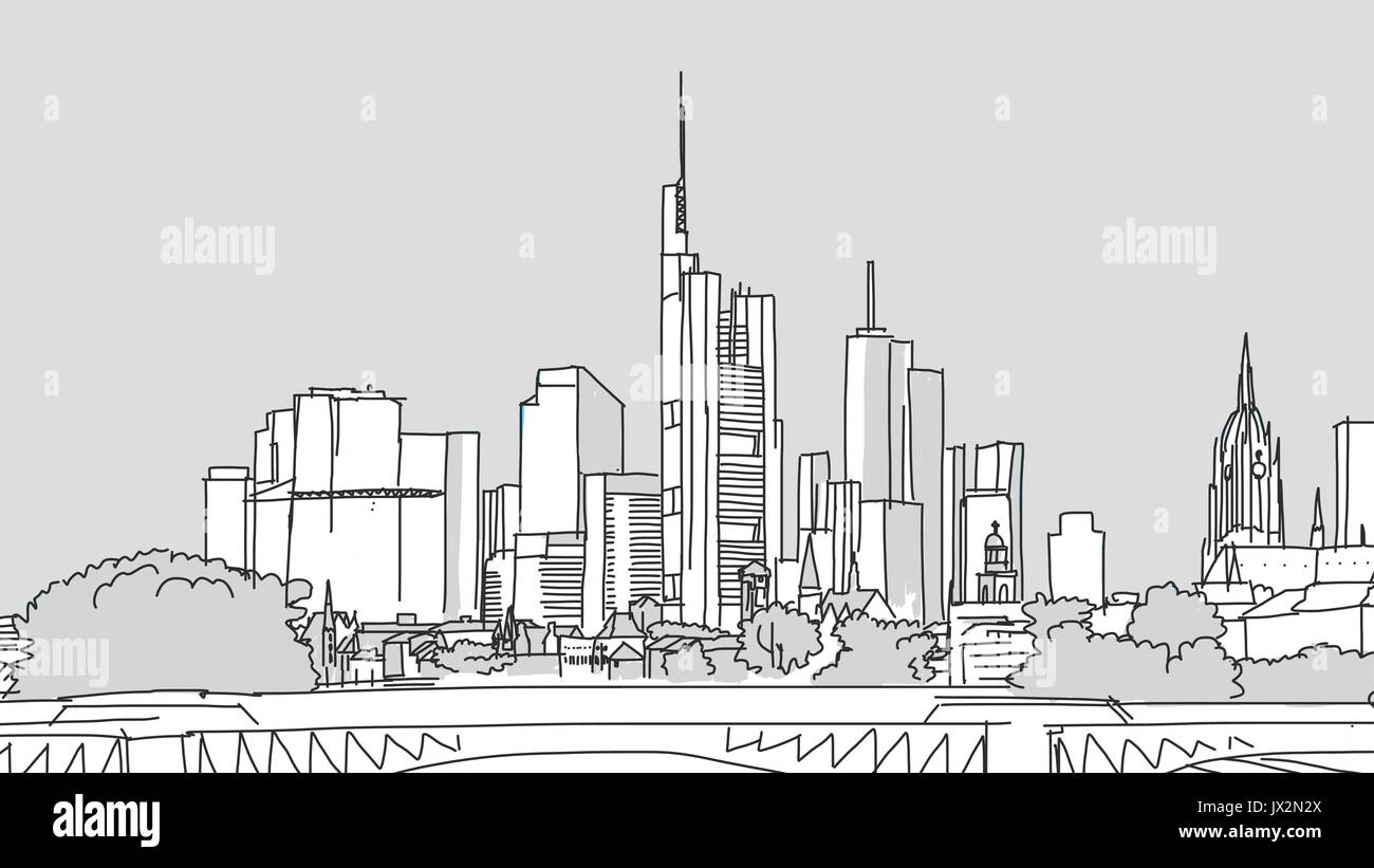 Francoforte sul Meno Panorama Landmark, riempite il vettore schizzo su sfondo grigio Illustrazione Vettoriale