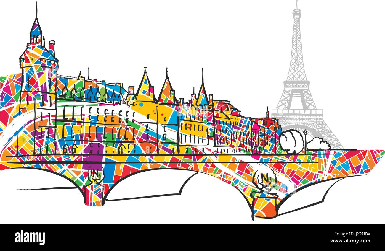 Urbano Di Parigi Il Ponte Della Citta E Della Torre Eiffel Disegnati A Mano Disegno Vettoriale E Colorata Del Simbolo Della Mappa Immagine E Vettoriale Alamy