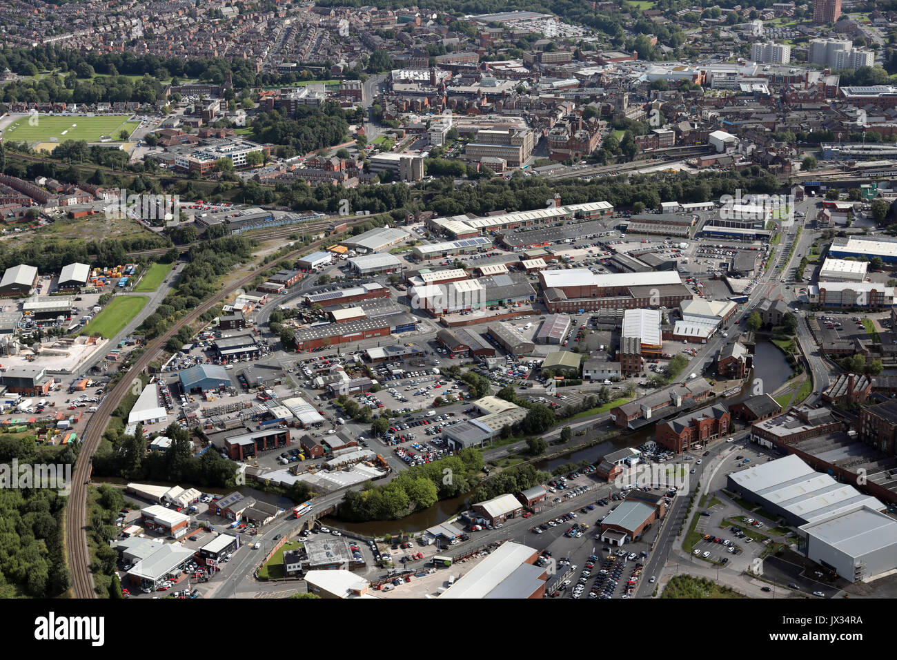 Vista aerea del Wigan Town Center, Lancashire, Regno Unito Foto Stock