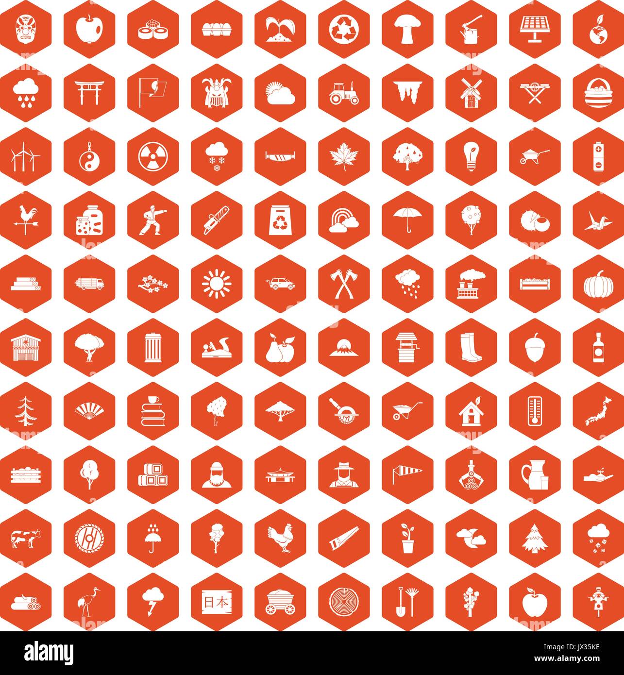 100 albero esagonale icone arancione Illustrazione Vettoriale