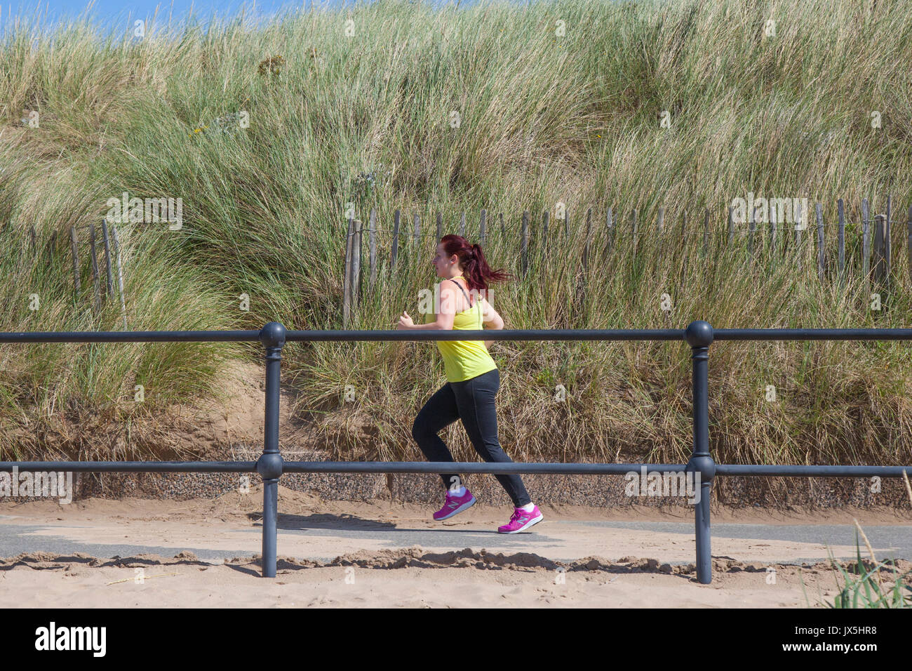 Crosby, Merseyside. Regno Unito Meteo. 15 Agosto, 2017. Blustery giornata presso la costa con una spiaggia in gran parte privo di vacanzieri come un freddo freddo vento che soffia attraverso le dune del sentiero costiero. Credito; MediaWorldImages/AlamyLiveNews Foto Stock