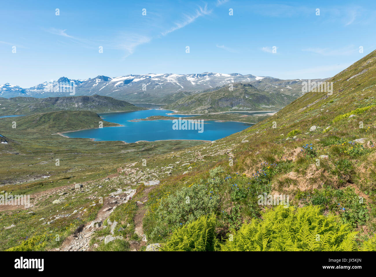 Via a piedi nel parco nazionale da bitihorn a stavtjedtet con laghi fjord e neve sulle montagne Foto Stock