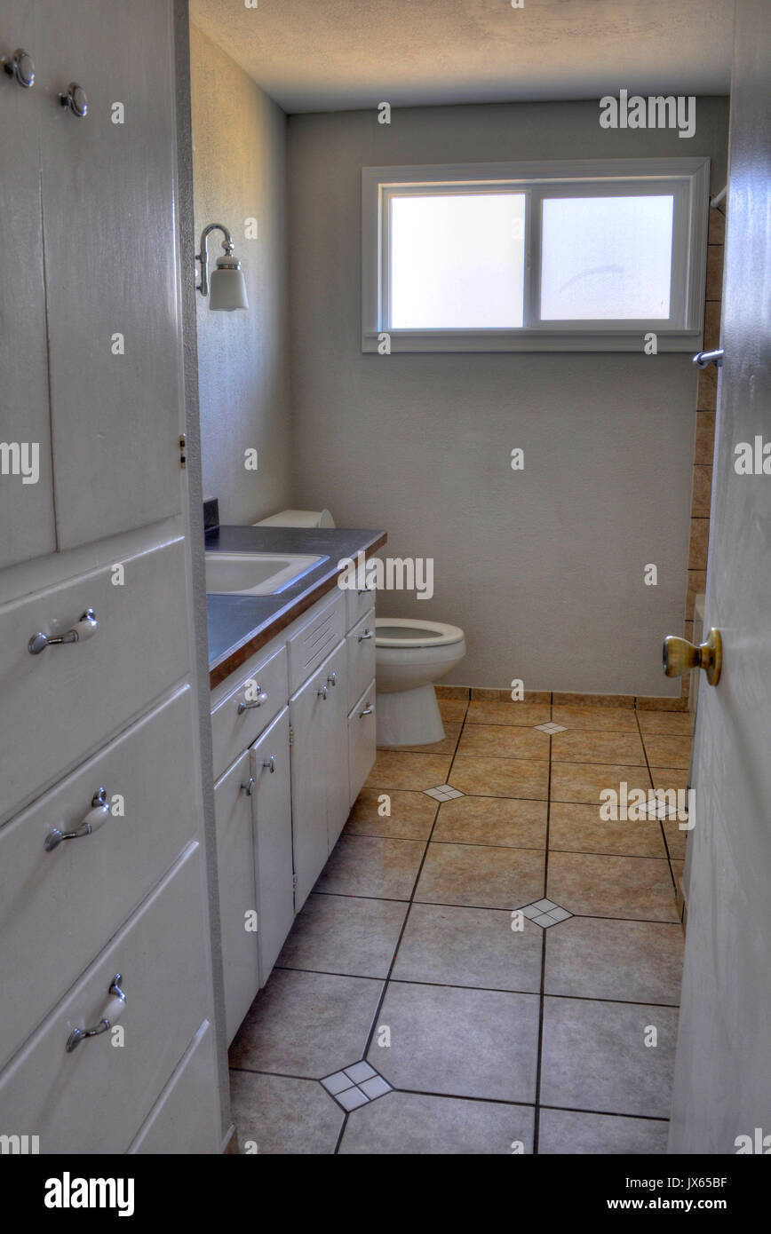 Bagno interno sala residenziale. Di piccole dimensioni e di colore bianco e grigio chiaro tavolozza dei colori. Foto Stock