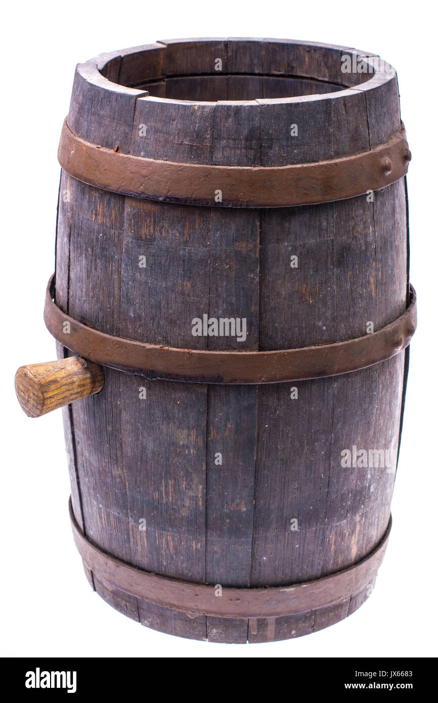 Il vecchio Barile di legno con un tappo di sughero. Foto Studio Foto Stock