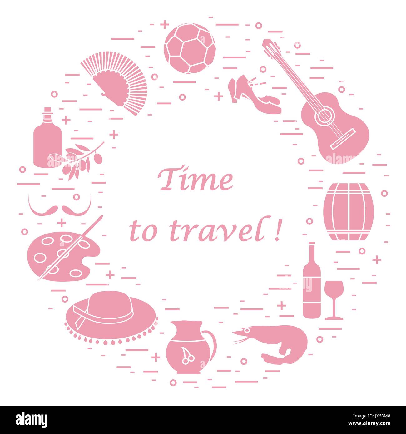 Illustrazione Vettoriale con vari simboli di Spagna disposti in un cerchio. Viaggi e tempo libero. Design per banner, poster o di stampa. Illustrazione Vettoriale