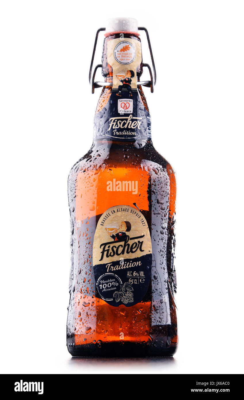POZNAN, Polonia - 2 giugno 2017: Fischer - La tradizione è una marca di birra prodotta dalla birreria Fischer in Schiltigheim, Francia, sorpassato da Heineken nel 2009 Foto Stock