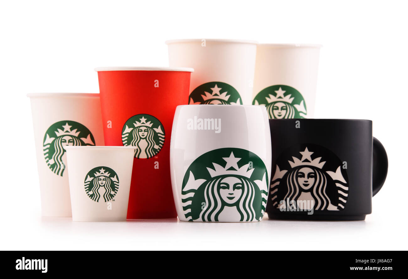 POZNAN, Polonia - Luglio 20, 2017: uno Starbucks Coffee Company e coffeehouse catena, fondata a Seattle, Wa. Stati Uniti d'America, nel 1971; ora la più grande azienda di questo Foto Stock