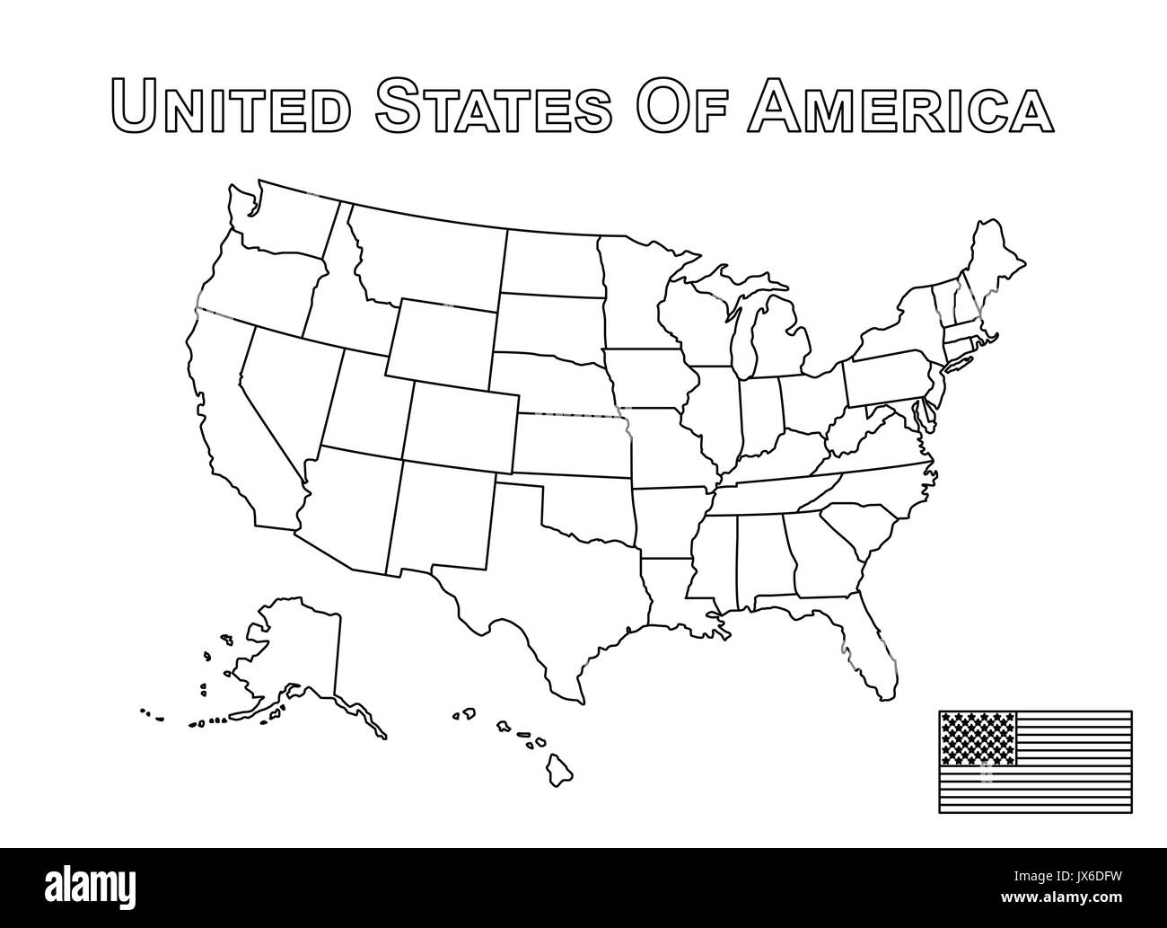 Vettore della mappa USA e bandiera americana . Outline stile . Illustrazione Vettoriale