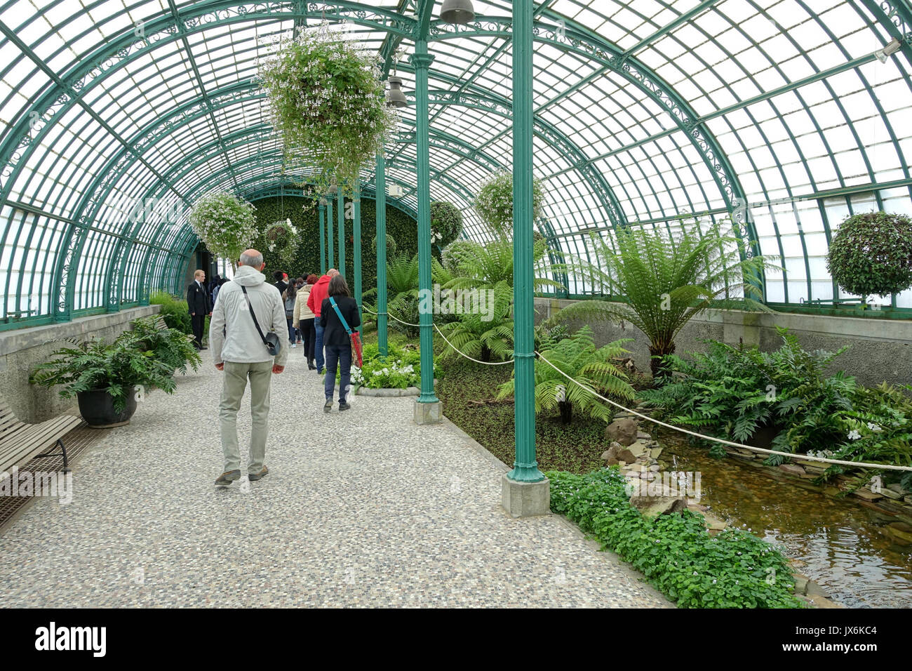 Vista interna di Laeken Serre Reali del Castello Reale di Laeken Bruxelles, Belgio DSC07186 Foto Stock