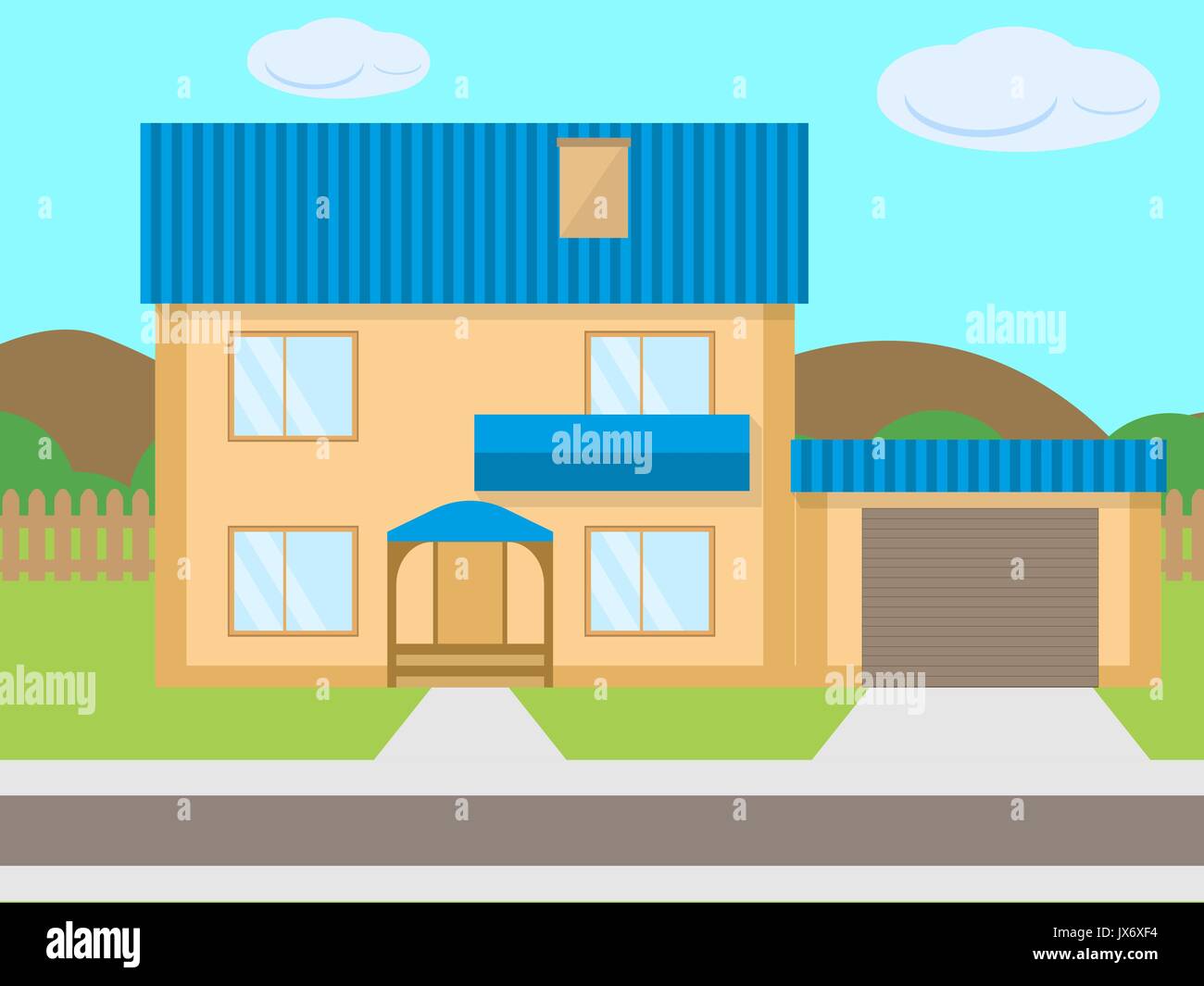 Cartoon vettoriale a due piani di garage prato verde Illustrazione Vettoriale