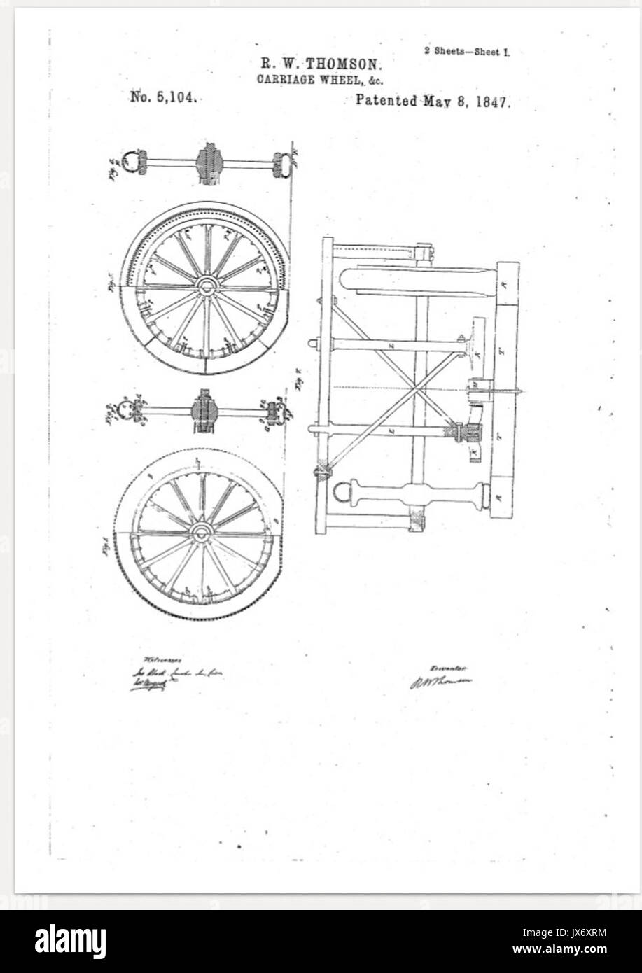 1847 Brevetto US 5104 Thomson ruota di carrello con cuscino d'aria Foto Stock