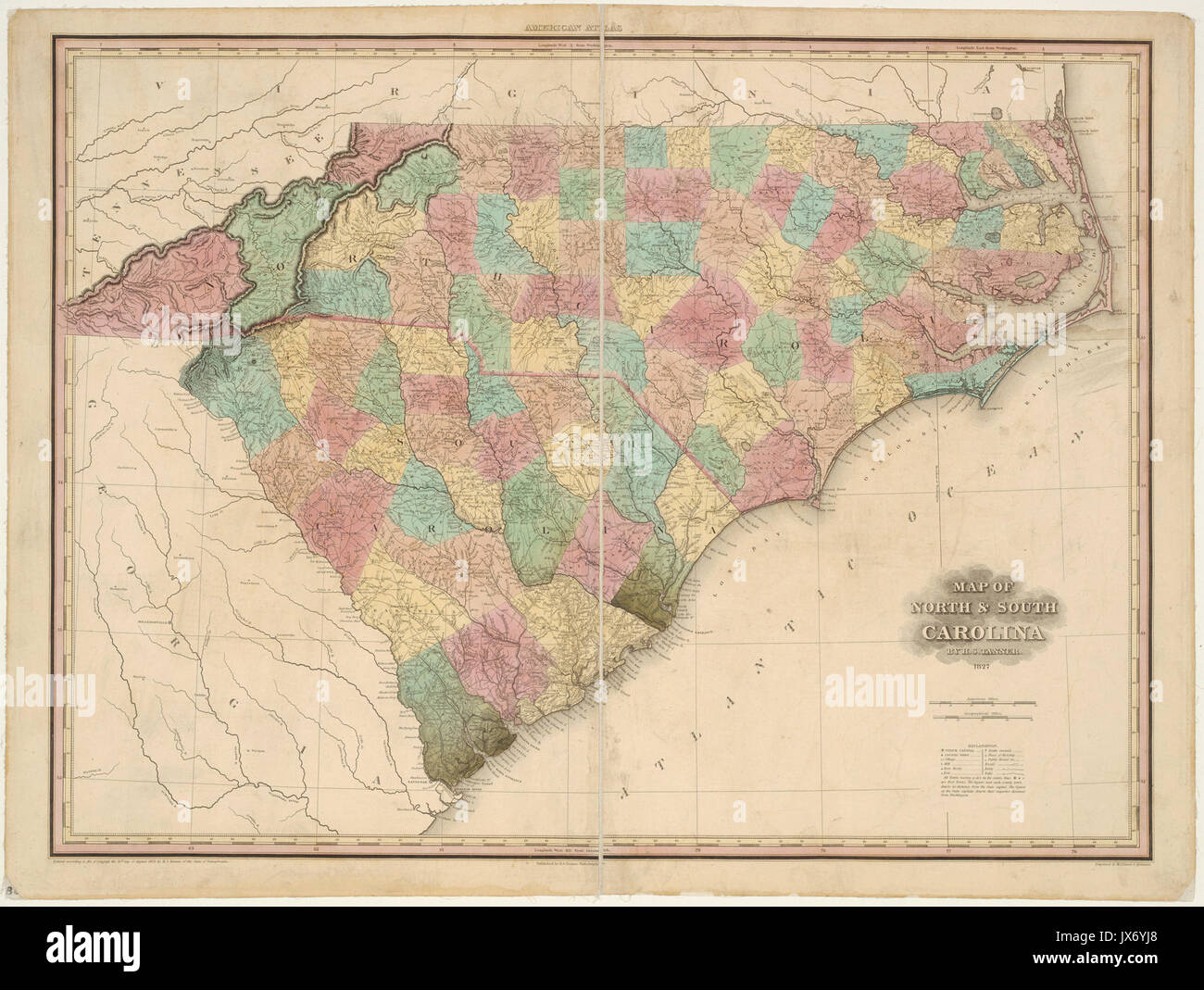 1827 Carolina del Nord e del Sud Carolina map (Tanner) Foto Stock