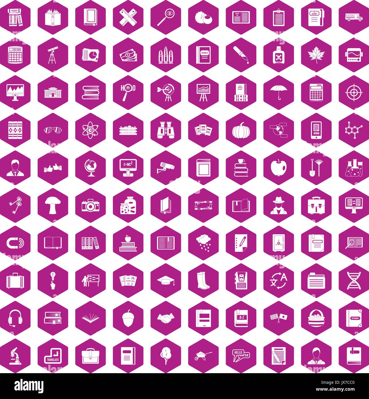 100 Prenota icone viola a testa esagonale Illustrazione Vettoriale