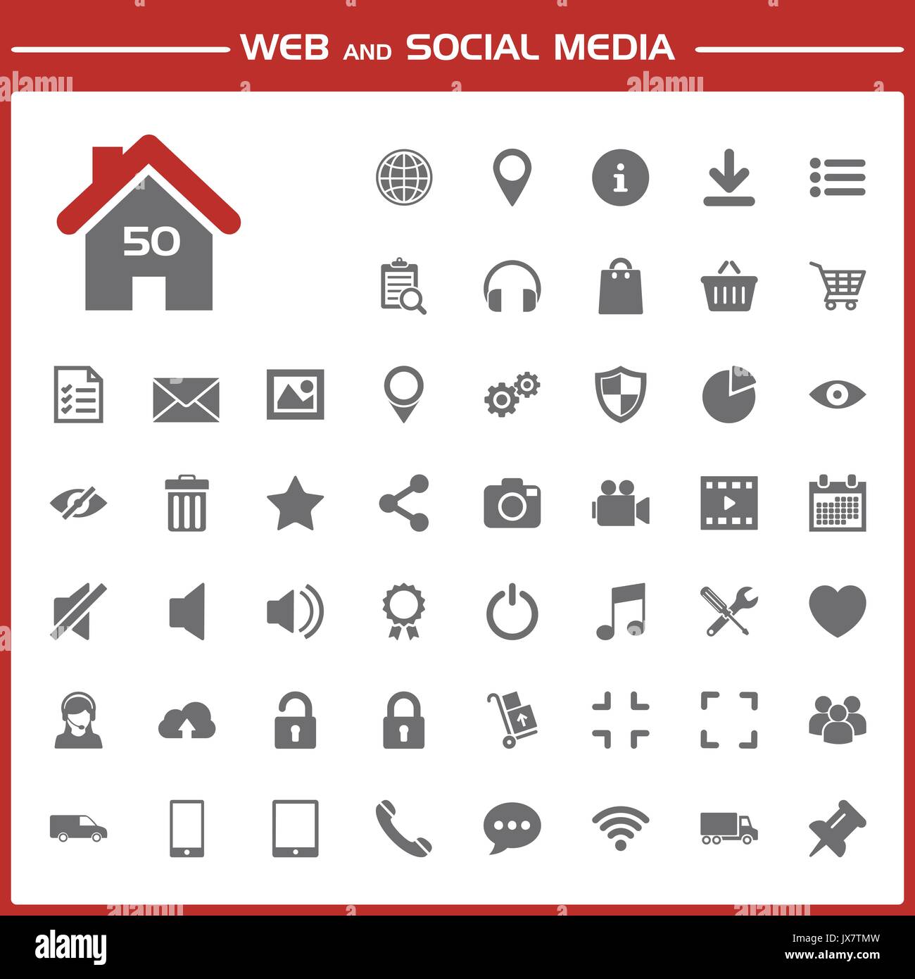 Web e social media set di icone sul rosso e lo sfondo bianco Illustrazione Vettoriale