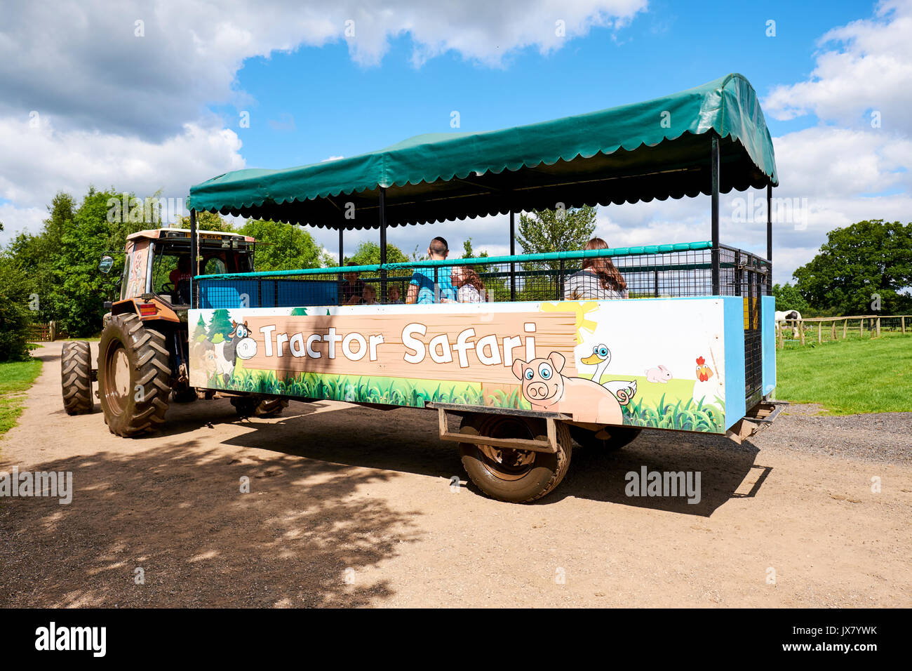 Il trattore Safari a Hatton Adventure World, Hatton, Warwickshire, Regno Unito Foto Stock