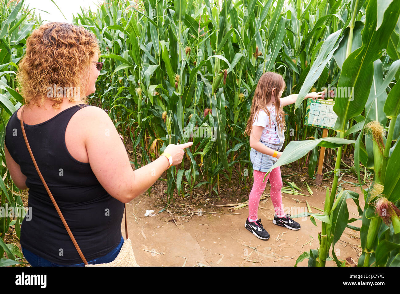 Madre e figlia ti stai chiedendo quale sia il cammino da percorrere in un labirinto all'interno di Hatton Adventure World, Hatton, Warwickshire, Regno Unito Foto Stock