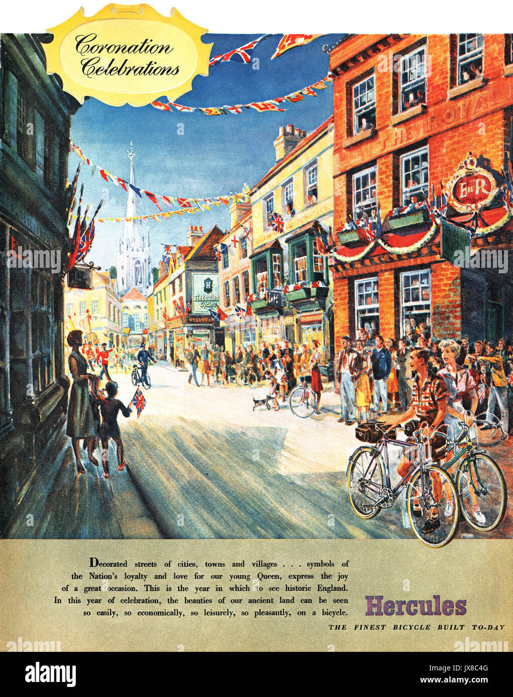 1952 British pubblicità per Hercules biciclette, celebrare la prossima incoronazione di Elisabetta II nel 1953. Foto Stock