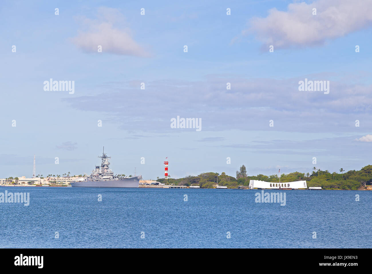 Pearl Harbor siti storici. Panorama della USS Arizona Memorial a Pearl Harbor Hawaii. Foto Stock