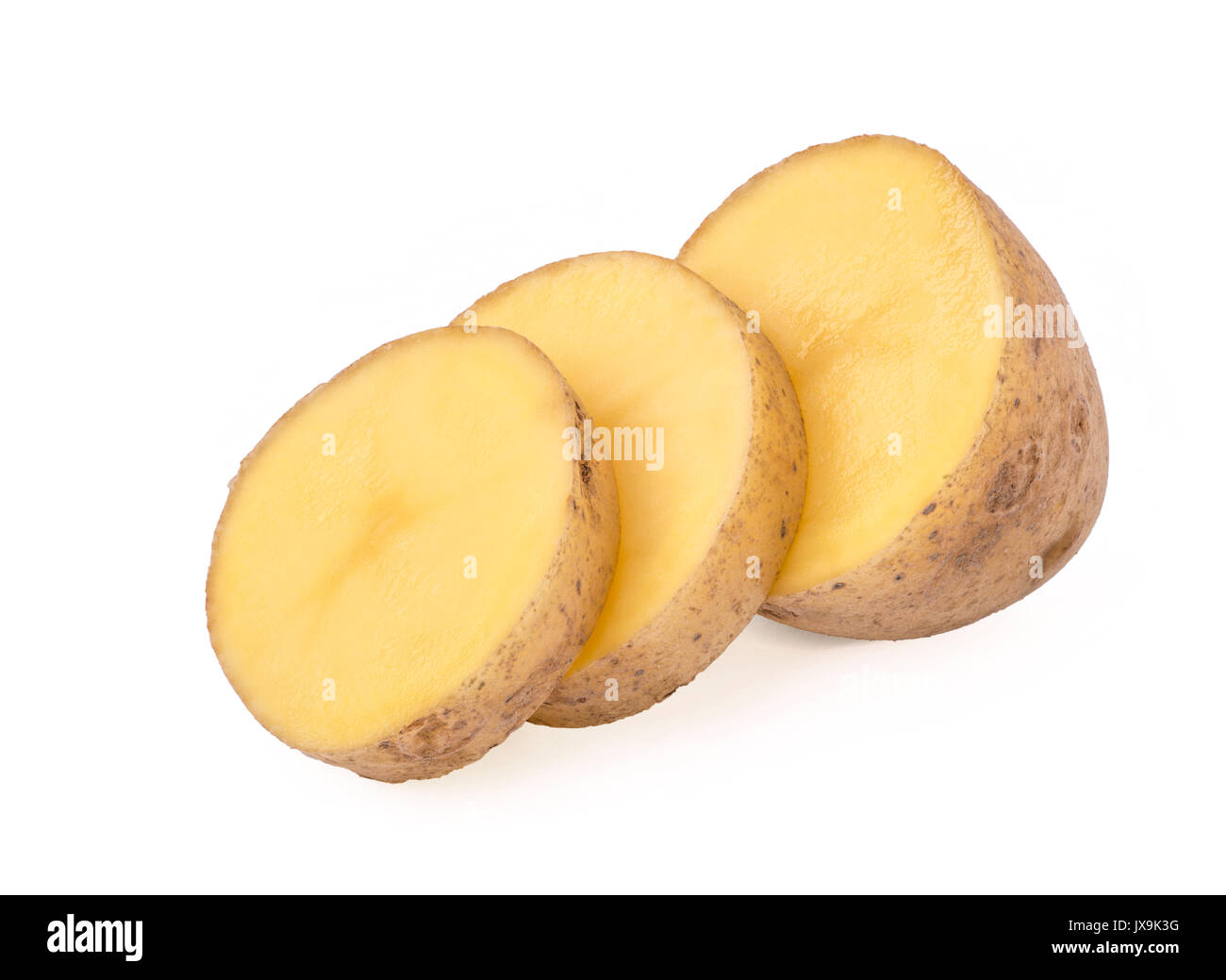 Materie fette di patate isolato su bianco, immagine sovrapposta, tutti in focus Foto Stock