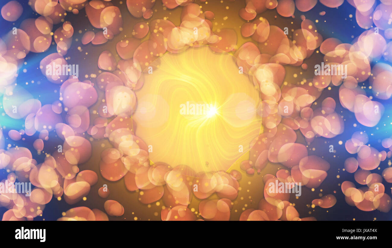Splendida 3d illustrazione di un centro giallo guardando likesun, tra marrone e particelle informe guardando come fiore su uno sfondo blu scuro. Il Foto Stock
