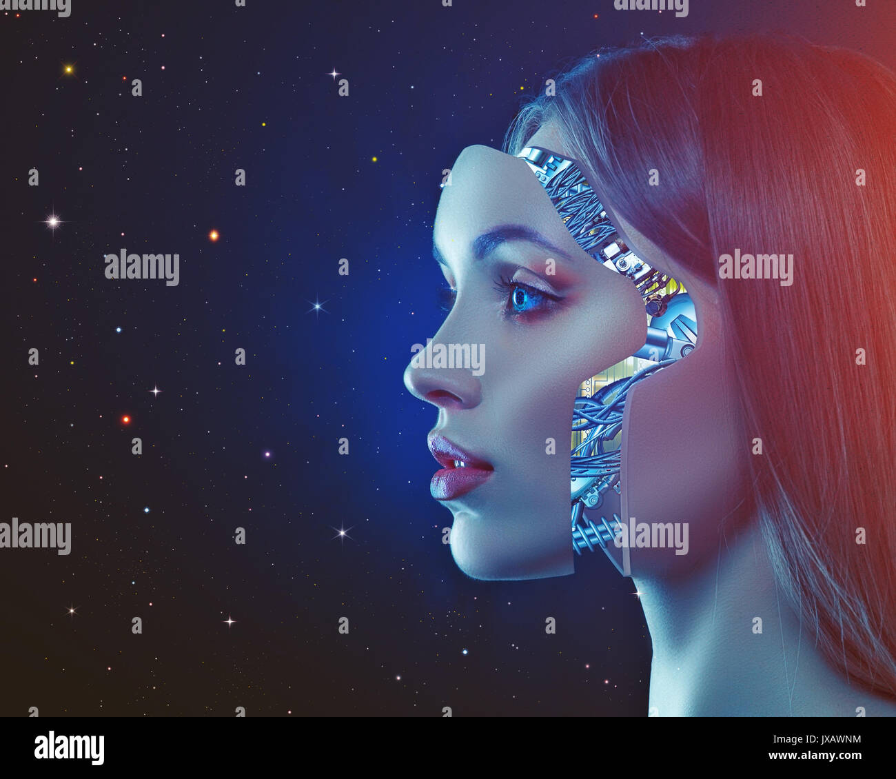 Cyber look. La scienza e la tecnologia con gli sfondi futuristico ritratto femminile Foto Stock