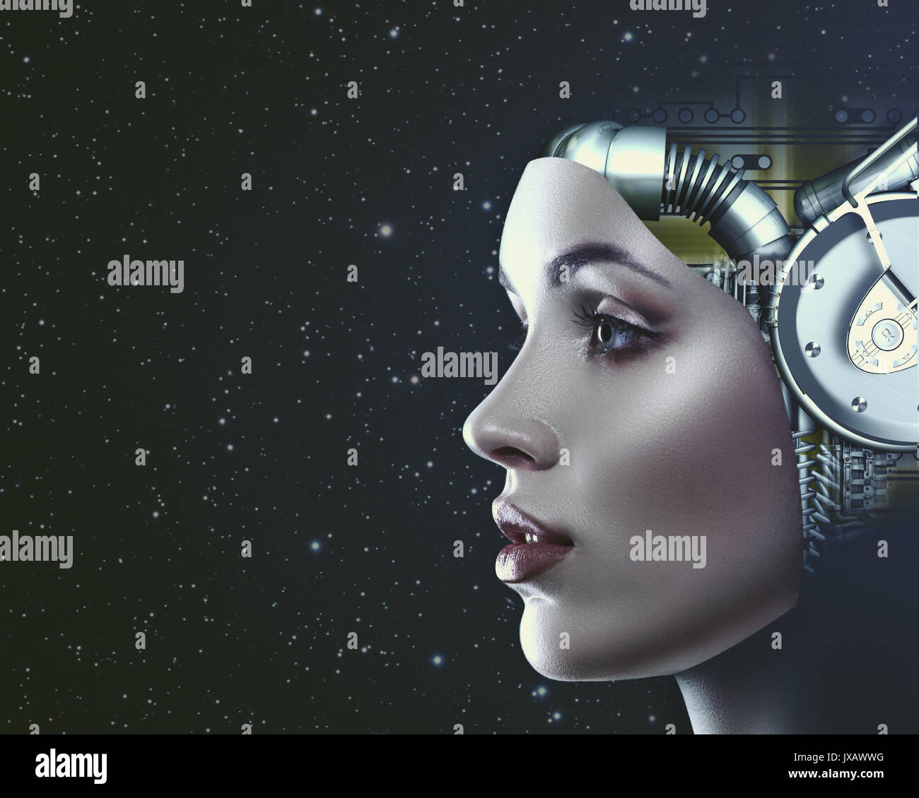 Cyber look. La scienza e la tecnologia con gli sfondi futuristico ritratto femminile Foto Stock