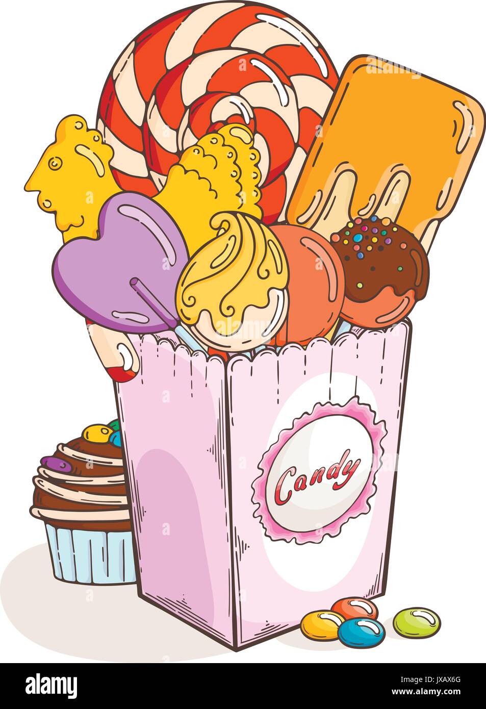 I dolciumi e caramelle in scatola di carta. Muffin al cioccolato e. Illustrazione Vettoriale Illustrazione Vettoriale