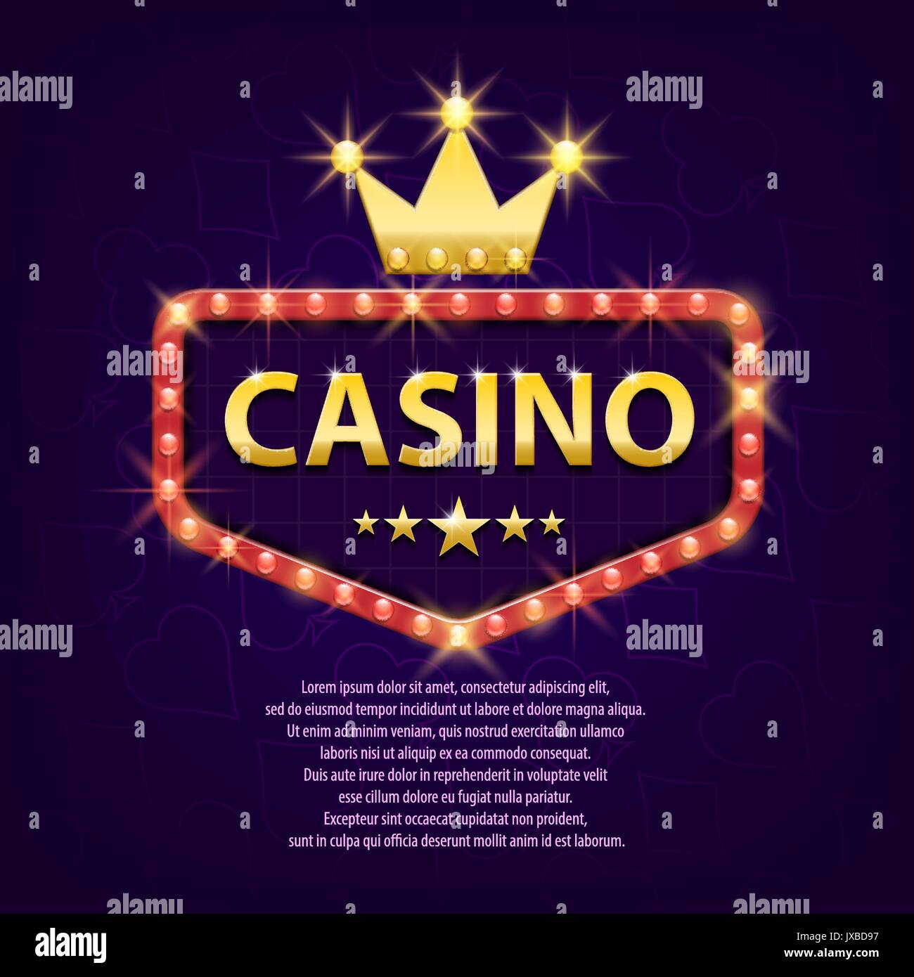 Casino retrò insegna luminosa con corona d'oro per il gioco, poster, volantini, affissioni, siti web, gioco d'azzardo club. Banner billboard casino sfondo incandescente. Illustrazione Vettoriale Illustrazione Vettoriale