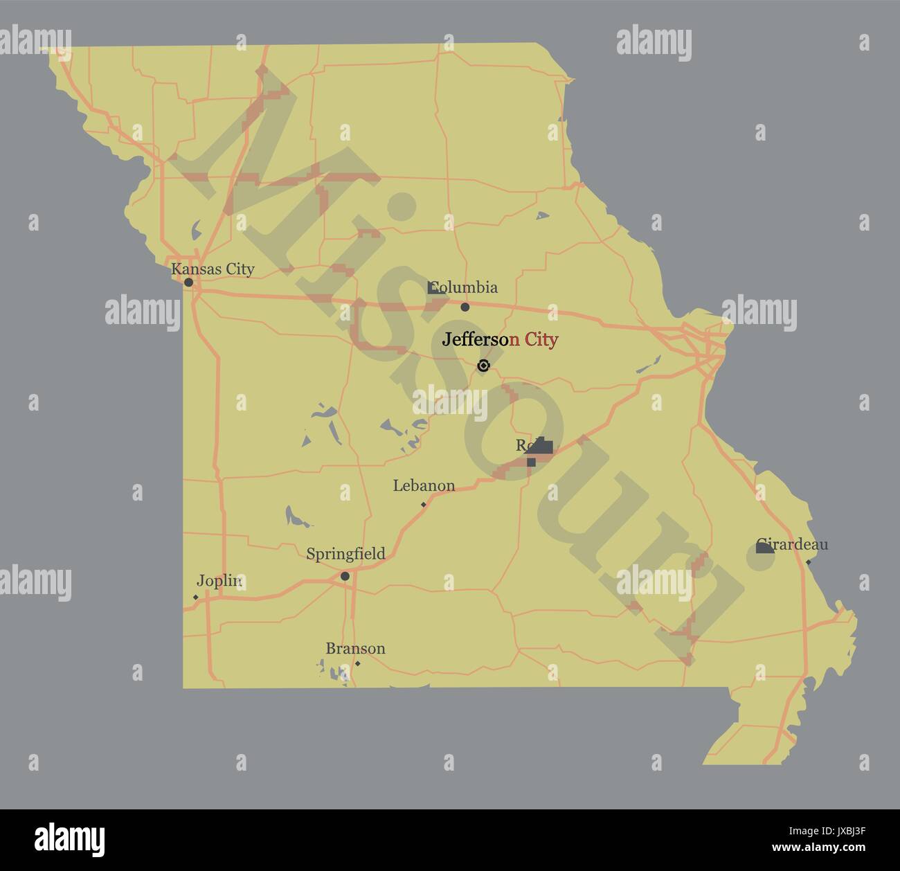 Missouri esatta dettagliata Stato dettagliata mappa vettoriale con l'assistenza della Comunità e Attiva icone giallo originale illustrazione con strade principali e città Illustrazione Vettoriale