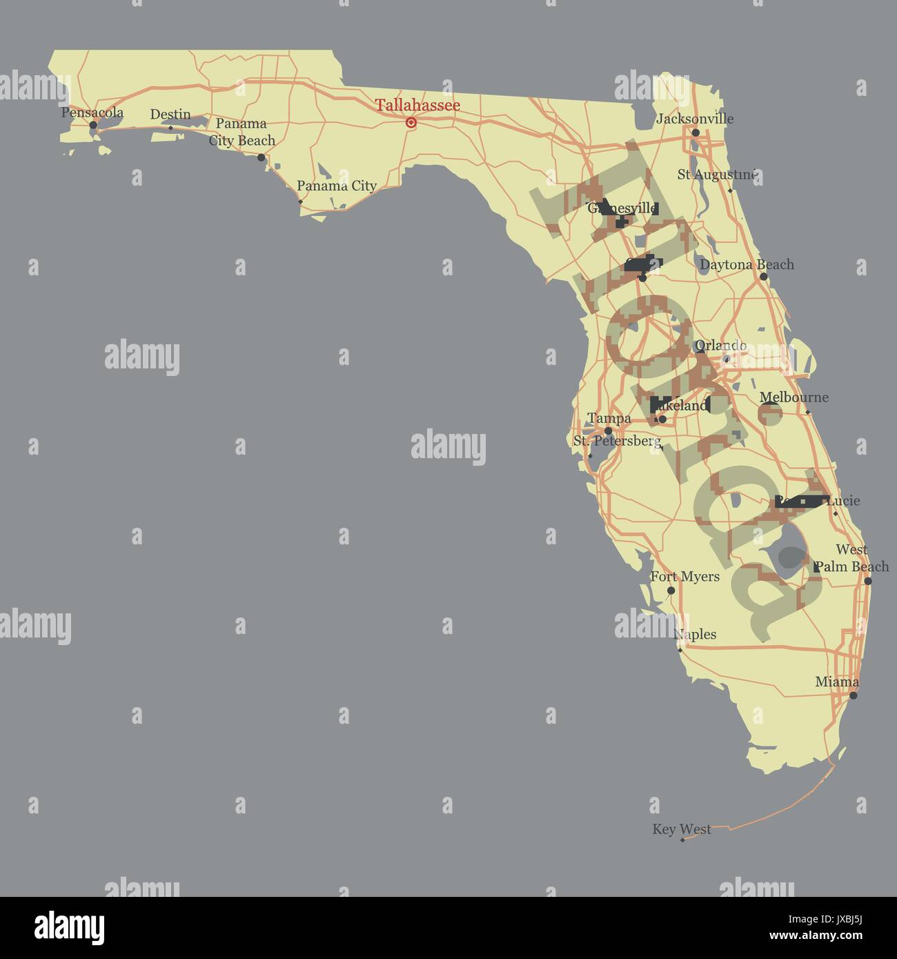 Florida esatta dettagliata Stato dettagliata mappa vettoriale con l'assistenza della Comunità e Attiva icone giallo originale illustrazione con strade principali e città l Illustrazione Vettoriale