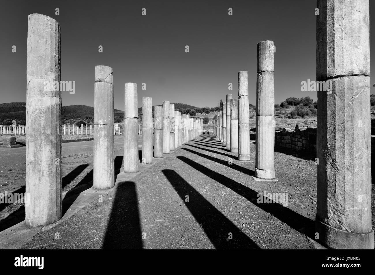 Vista lungo le colonne che circonda lo stadio a Antica Messini in Grecia Foto Stock