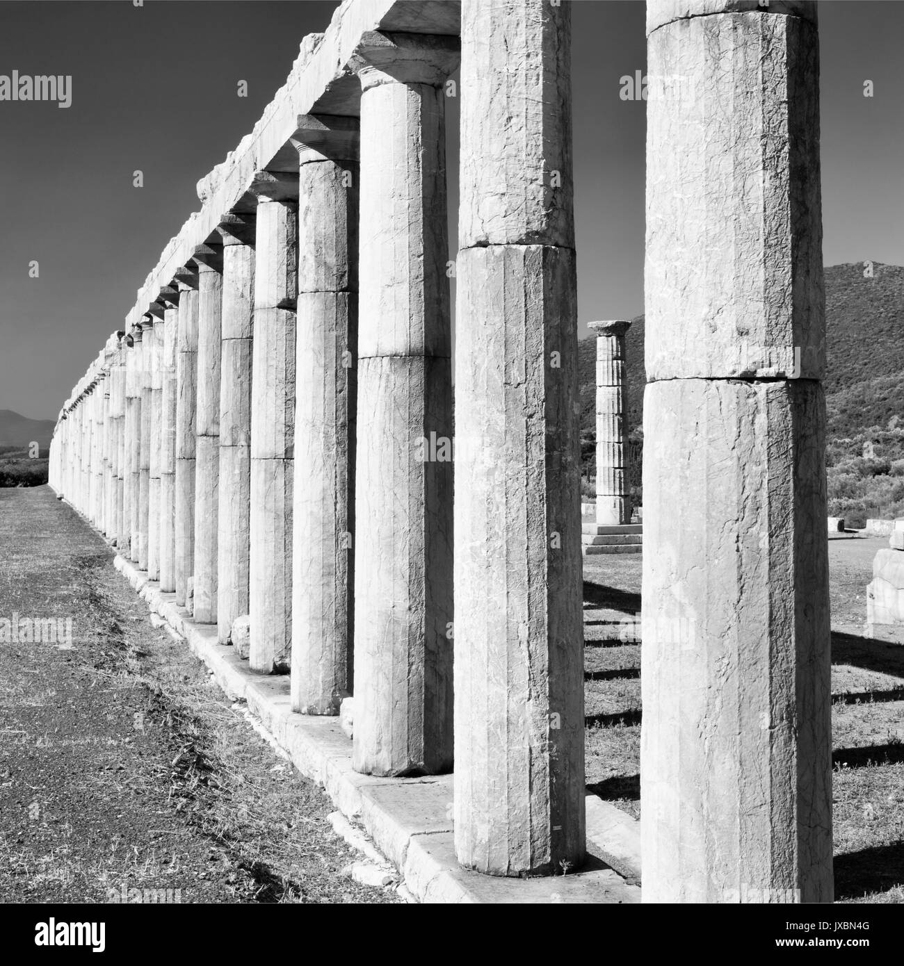 Vista attraverso le colonne dello stadio in antica Messini in bianco e nero Foto Stock