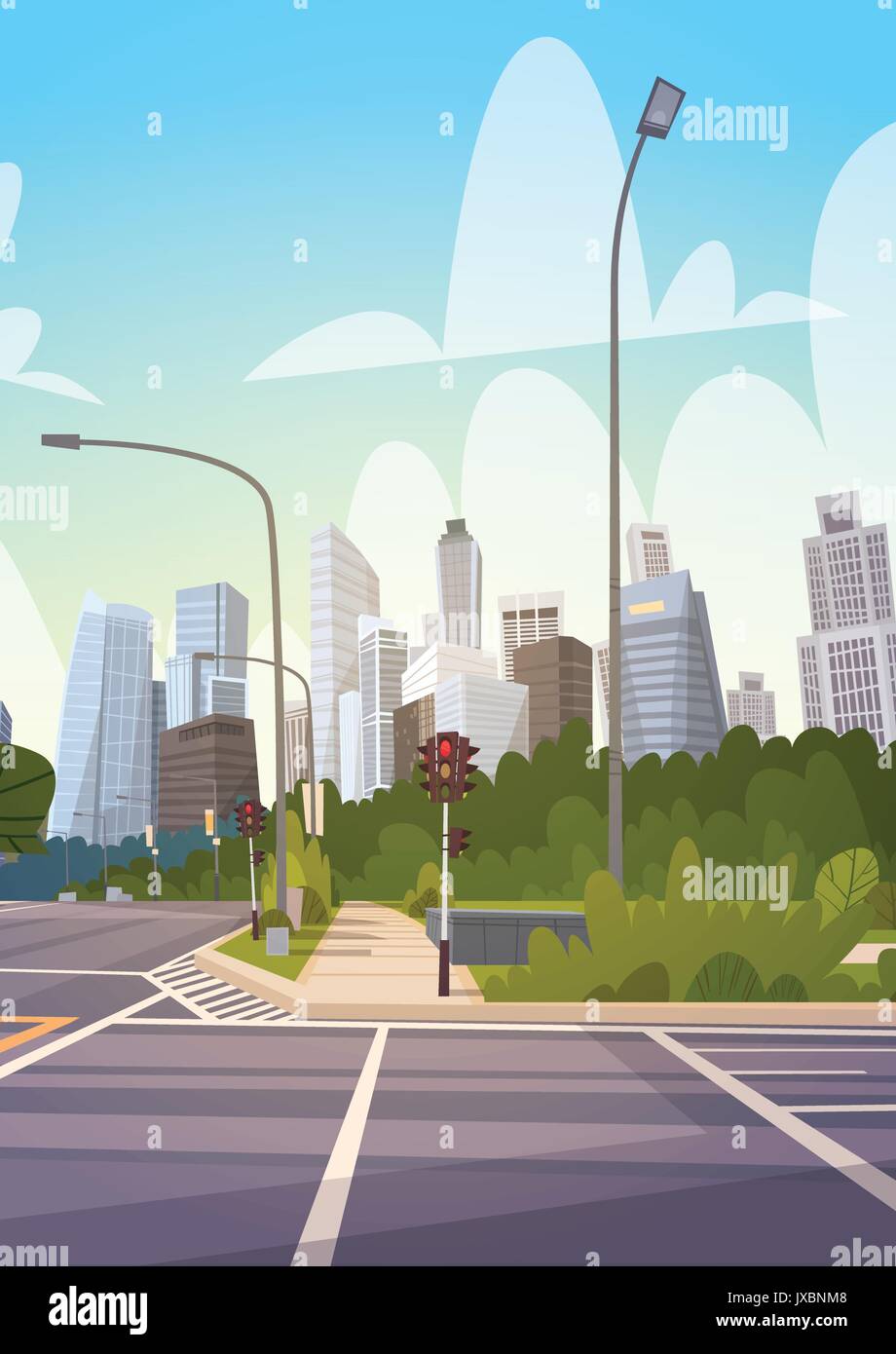 Strada di città grattacielo edifici vista stradale paesaggio urbano moderno centro vuoto Illustrazione Vettoriale