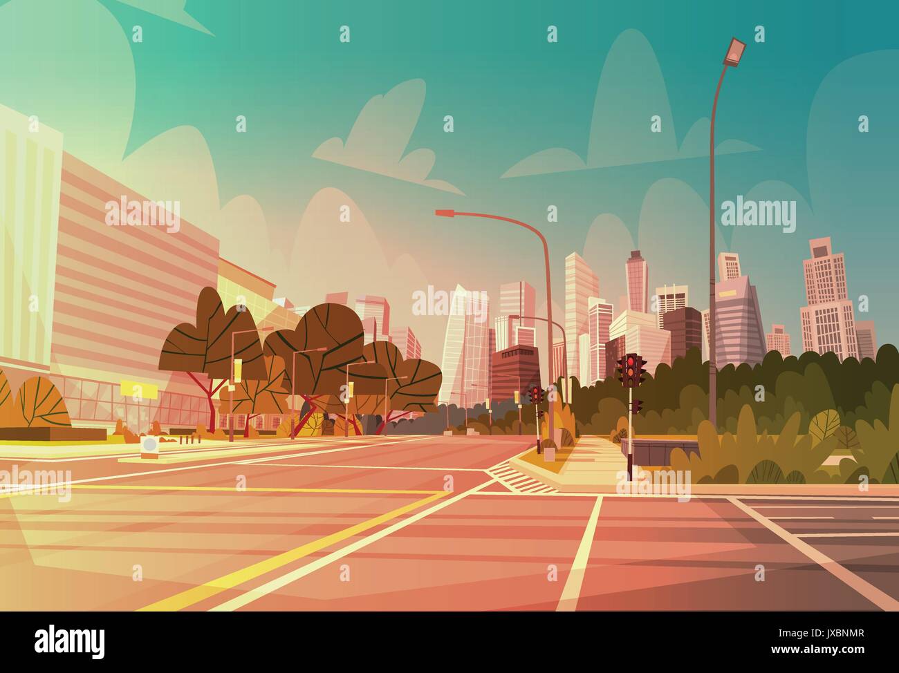 Strada di città grattacielo edifici vista stradale paesaggio urbano moderno centro vuoto Illustrazione Vettoriale