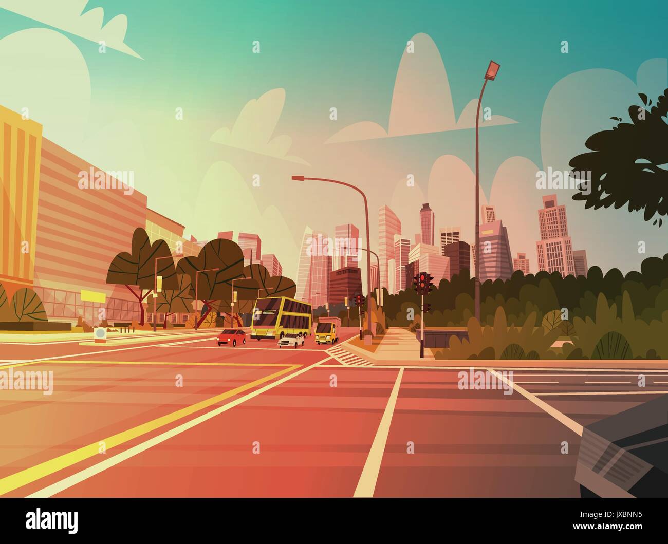 Strada di città grattacielo edifici vista stradale moderno Cityscape Singapore Downtown Illustrazione Vettoriale