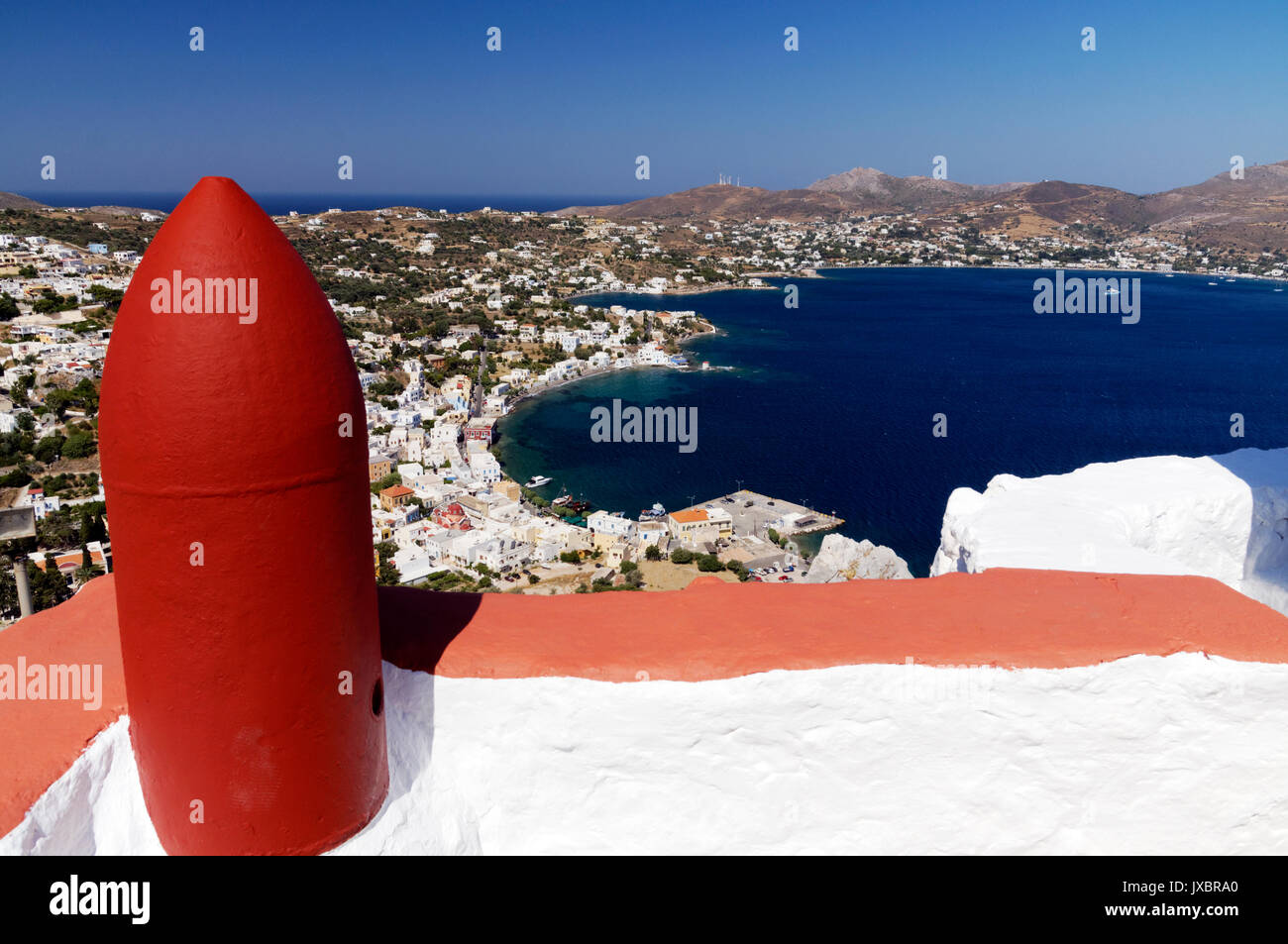 Vista di Panteli da Profitis Ilyas Chiesa, LEROS, DODECANNESO isole, Grecia. Foto Stock