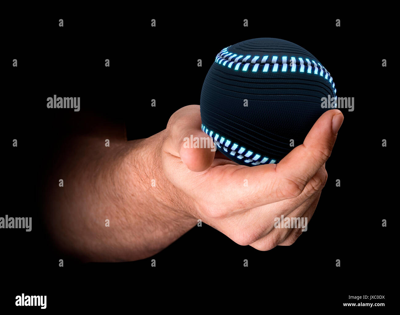 Un maschio di mano che tiene un avveniristico baseball isolato su un sfondo scuro - 3D render Foto Stock