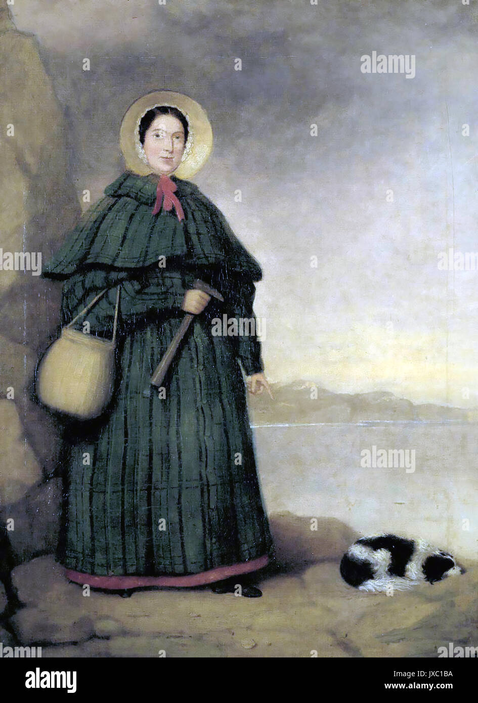 MARY ANNING (1799-1847) inglese collezionista di fossili e paleontologo con il suo cane il vassoio. Artista sconosciuto. Foto Stock