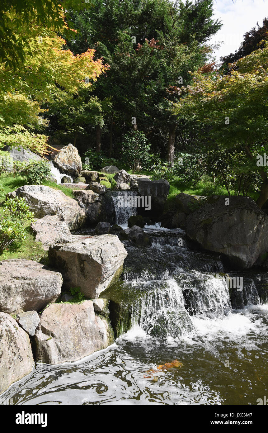 Cascata, Giardino di Kyoto, Giardino di stile Giapponese, Parco Olanda, Kensington , London.UK Foto Stock
