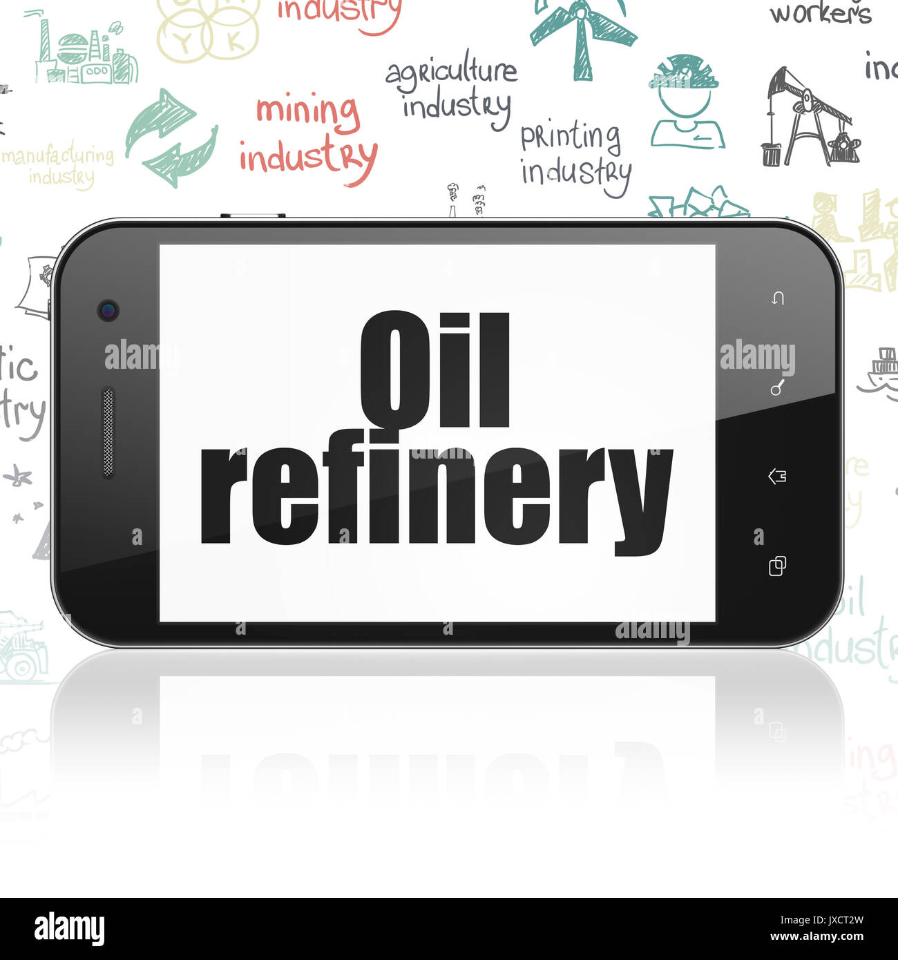 Concetto di settore: Smartphone con la raffineria di petrolio sul display Foto Stock