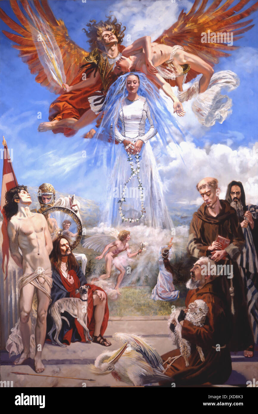 Sacra Conversazione 2000 con sei santi Padre Pio, san Pio da Pietrelcina tra il livello inferiore di figure, nell'angolo destro è Padre Pio stringendo un agnello accompagnato da san Francesco e Massimiliano Kolbe, canonizzato come san Massimiliano Kolbe, Ottobre 1982 da Papa Giovanni Paolo II. sulla sinistra sono San Sebastian, Saint George tenendo uno scudo in cui l artista ha incluso un autoritratto e Saint Roch, santi invocato nella peste.una visione della Vergine tenendo un rosario di rose bianche e di San Michele Arcangelo che porta il corpo di Cristo su uno schermo. Foto Stock