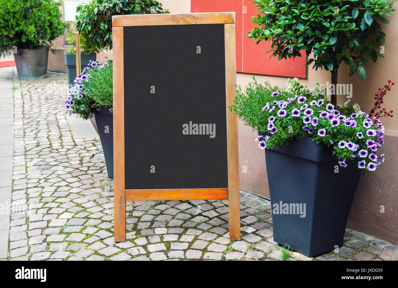 Menu vuoto blackboard sulla strada con vasi di fiori e piante verdi Foto Stock