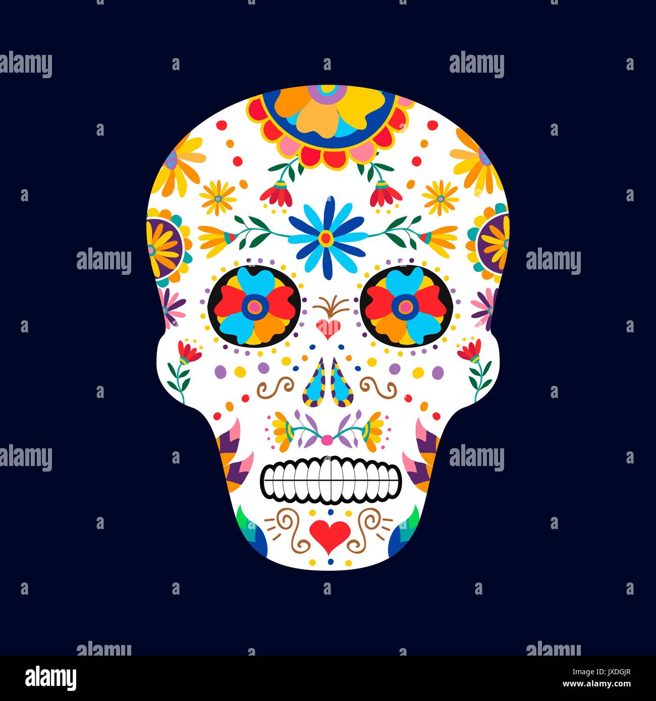 Il giorno dei morti il teschio di zucchero illustrazione per la celebrazione messicano, tradizionale dello scheletro del Messico decorazioni con fiori colorati e arte. EPS10 vettore. Illustrazione Vettoriale