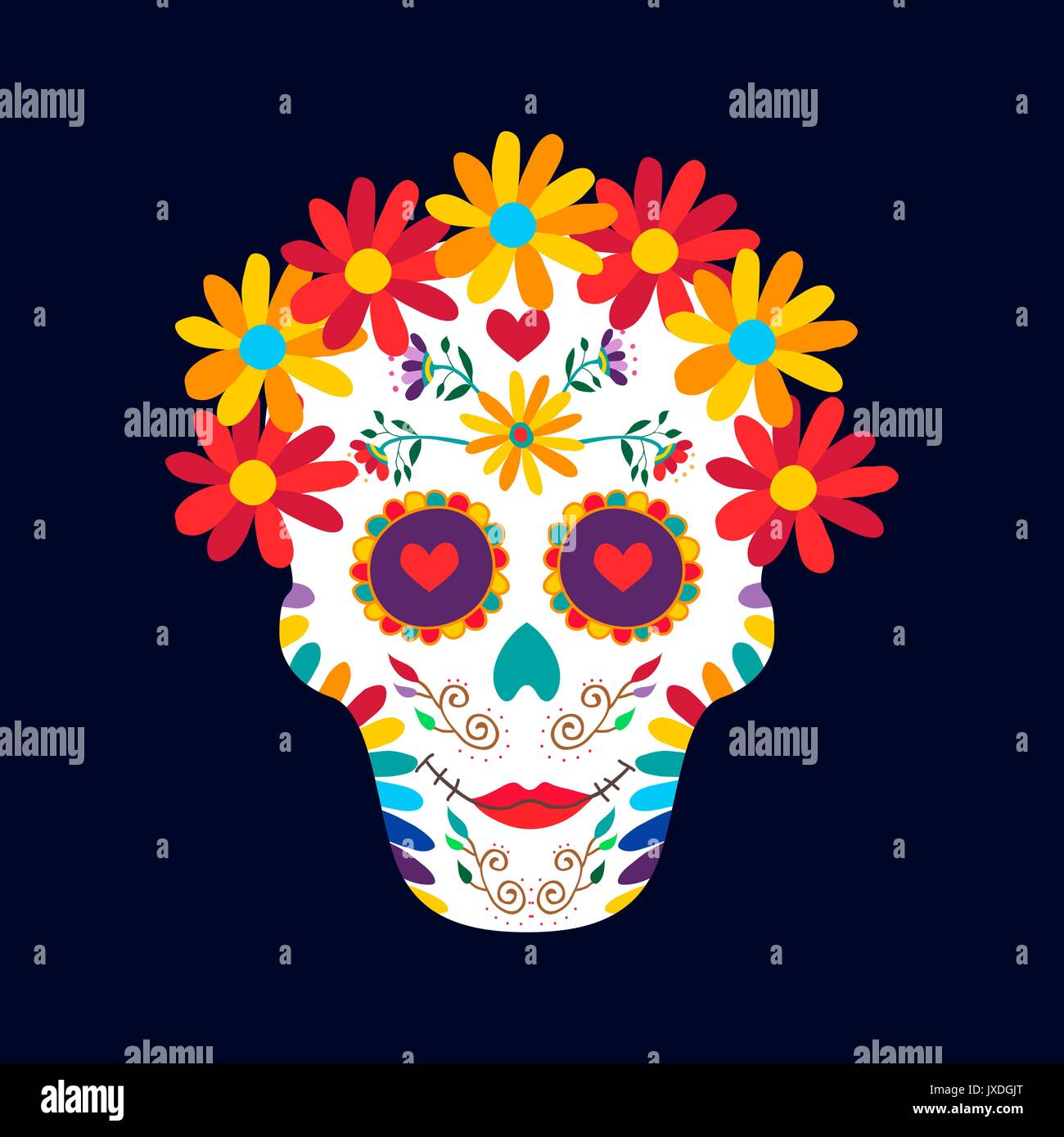 Il giorno dei morti il teschio di zucchero donna illustrazione per la celebrazione messicano, tradizionale dello scheletro del Messico decorazioni con fiori colorati e arte. EPS10 ve Illustrazione Vettoriale