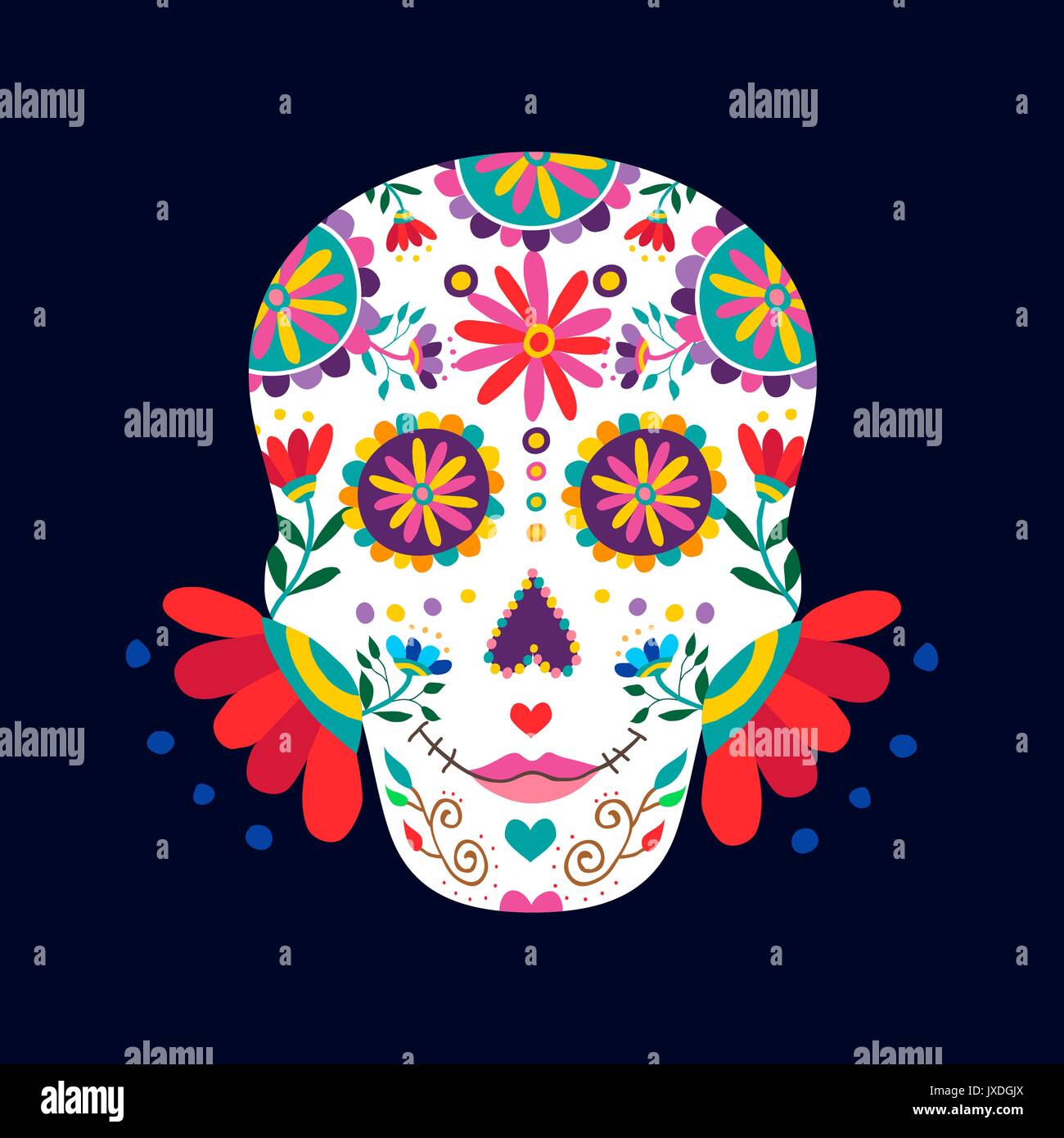 Il giorno dei morti il teschio di zucchero donna illustrazione per la celebrazione messicano, tradizionale dello scheletro del Messico decorazioni con fiori colorati e arte. EPS10 ve Illustrazione Vettoriale