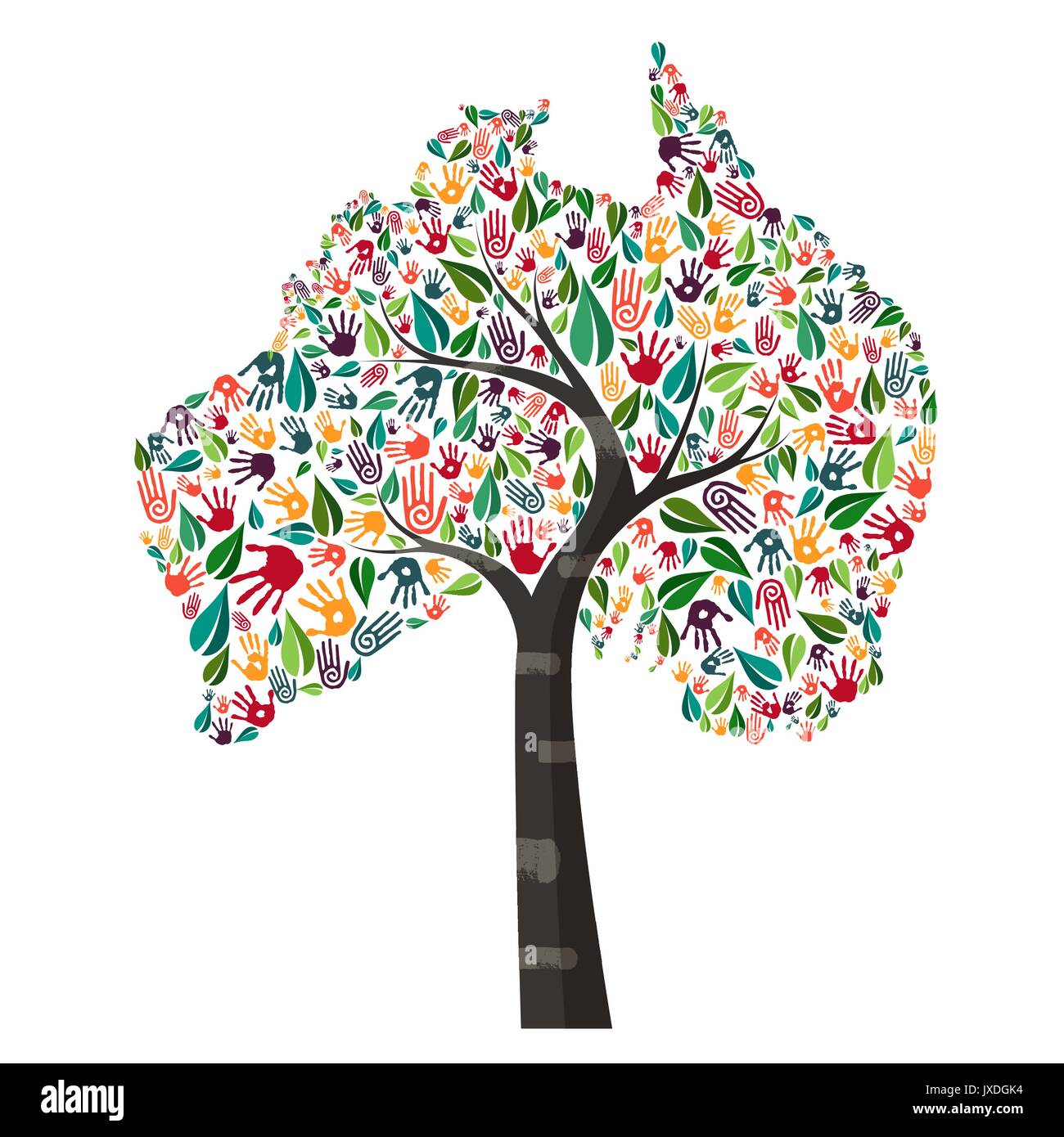 Albero con paese australiano la forma e la mano umana stampe. Australia mondo concetto guida illustrazione per opera di carità, cura per l ambiente sociale o proje Illustrazione Vettoriale